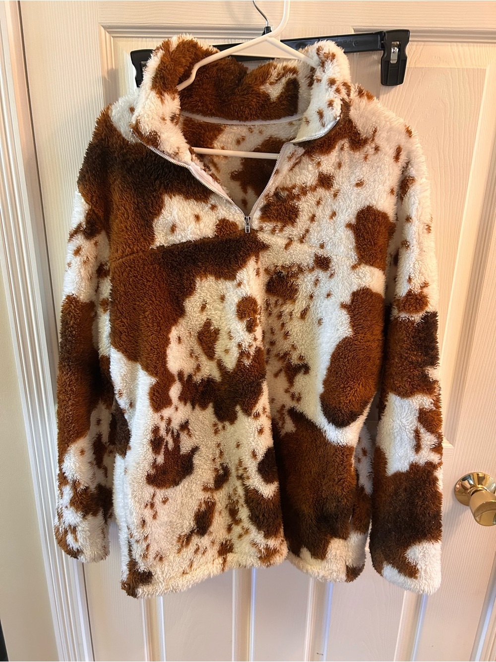 Cozy Faux Shearling Pullover in Brown & Cream Cow Print